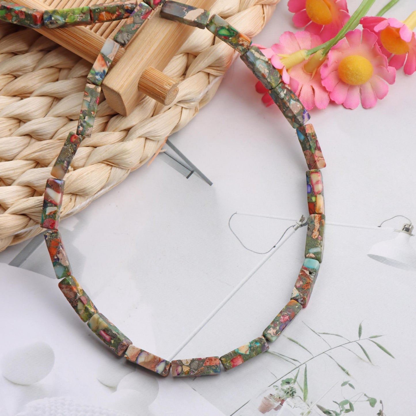 Handmade Square Natural Stone Beads With Snake Skin Jasper Inlay In Red, Bohemian Style