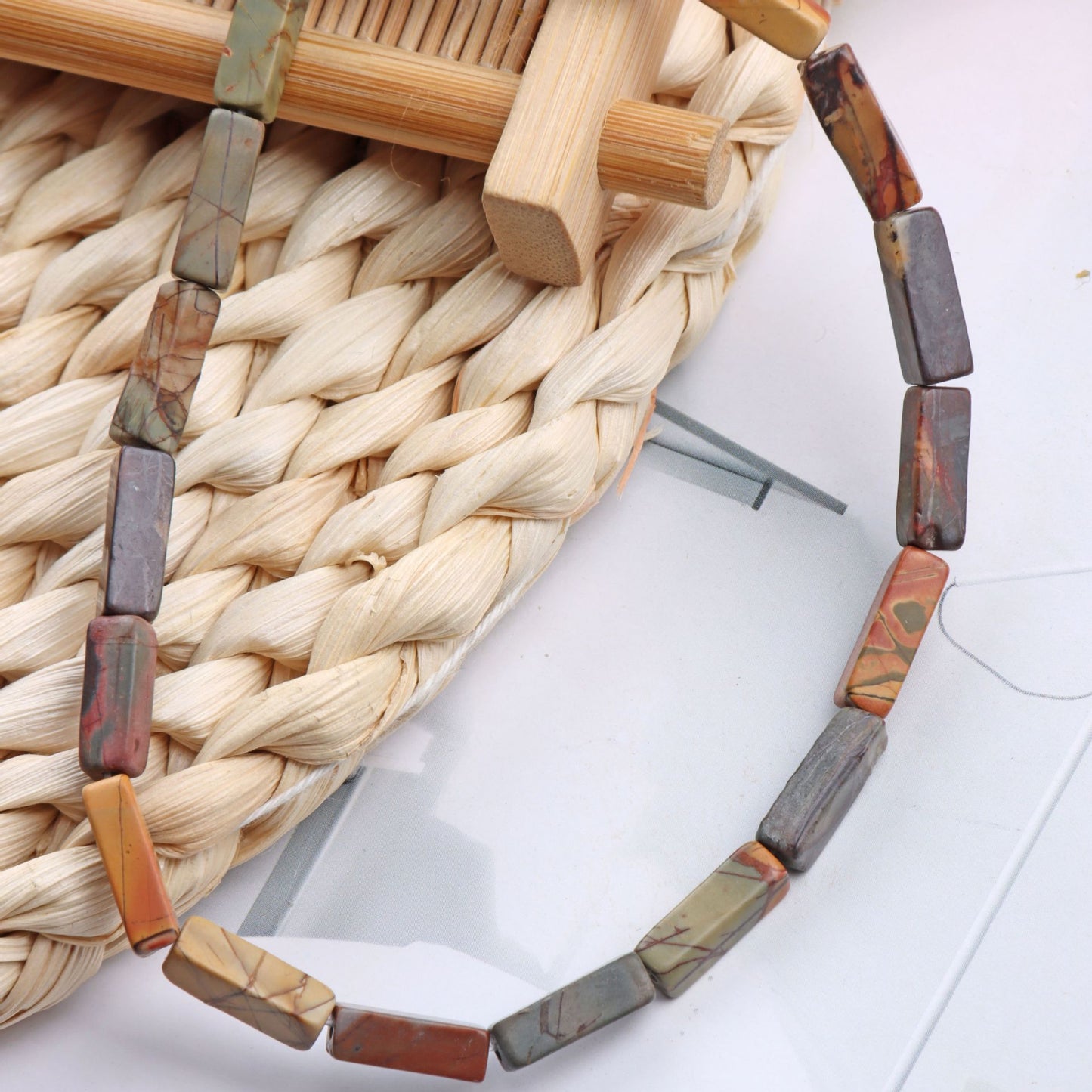 Handmade Square Natural Stone Beads With Snake Skin Jasper Inlay In Red, Bohemian Style