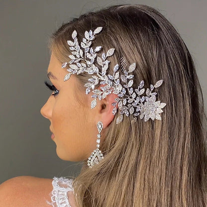 Bridal Leaf Hair Comb For Women With Artificial Crystal Material In Silver Featuring Zircon Inlay