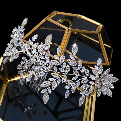 Bridal Leaf Hair Comb For Women With Artificial Crystal Material In Silver Featuring Zircon Inlay