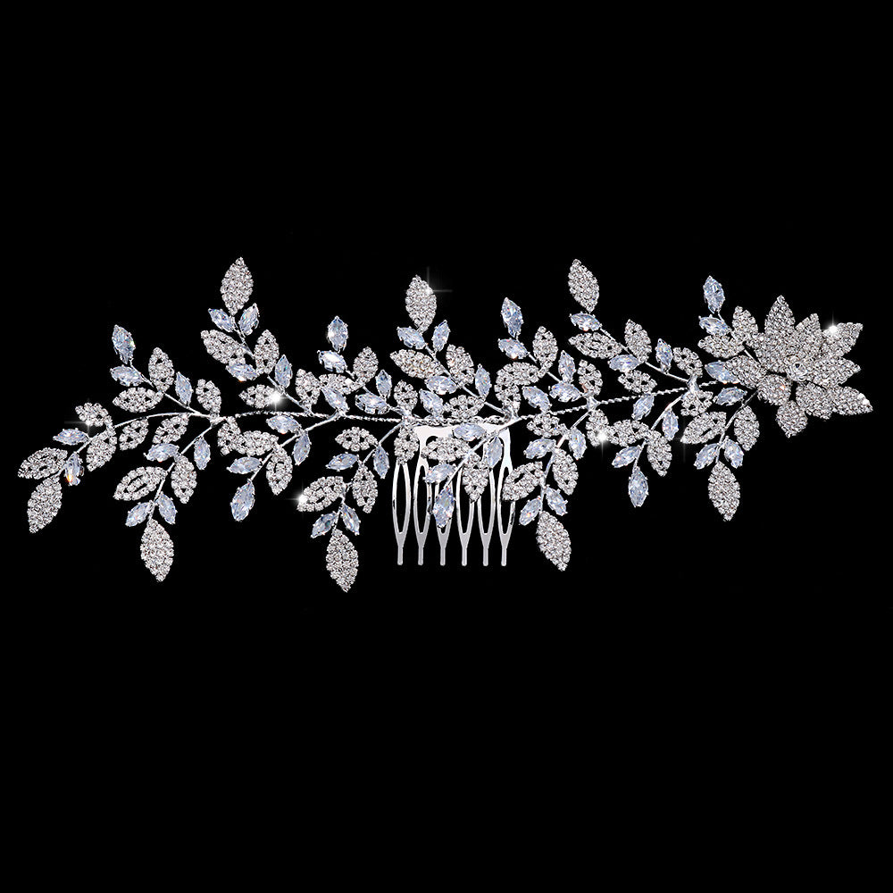 Bridal Leaf Hair Comb For Women With Artificial Crystal Material In Silver Featuring Zircon Inlay