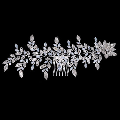 Bridal Leaf Hair Comb For Women With Artificial Crystal Material In Silver Featuring Zircon Inlay