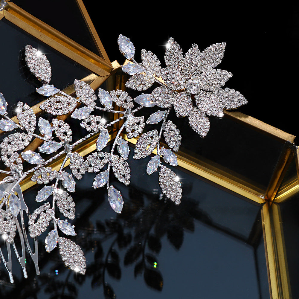 Bridal Leaf Hair Comb For Women With Artificial Crystal Material In Silver Featuring Zircon Inlay