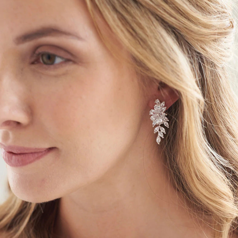 Gold Leaf Earrings For Women Featuring Electroplated Crystal With Zircon Inlay