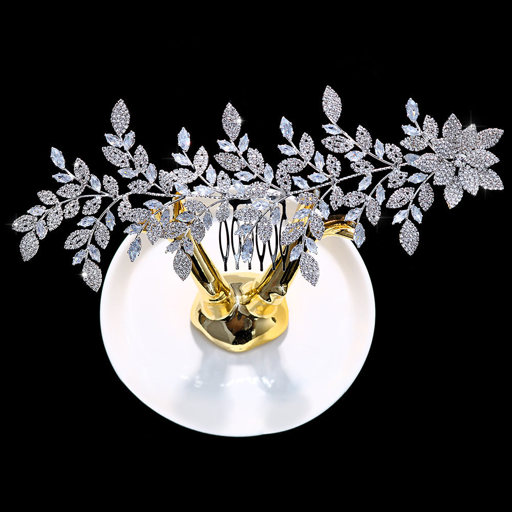 Bridal Leaf Hair Comb For Women With Artificial Crystal Material In Silver Featuring Zircon Inlay
