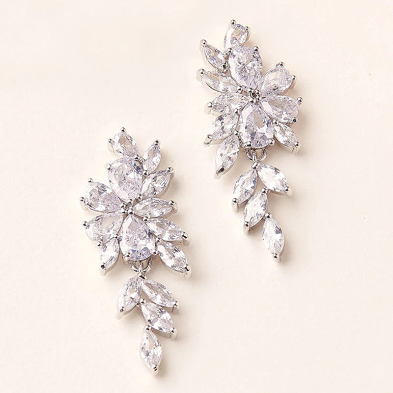 Gold Leaf Earrings For Women Featuring Electroplated Crystal With Zircon Inlay