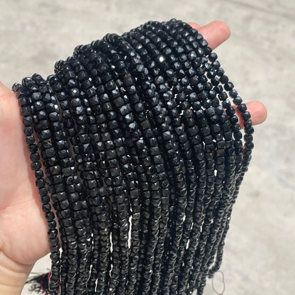 Square Faceted Tourmaline Beads, Natural Stone With Polished Finish, Diameter 4mm, Perfect For Jewelry Making Featuring Cutting Craft