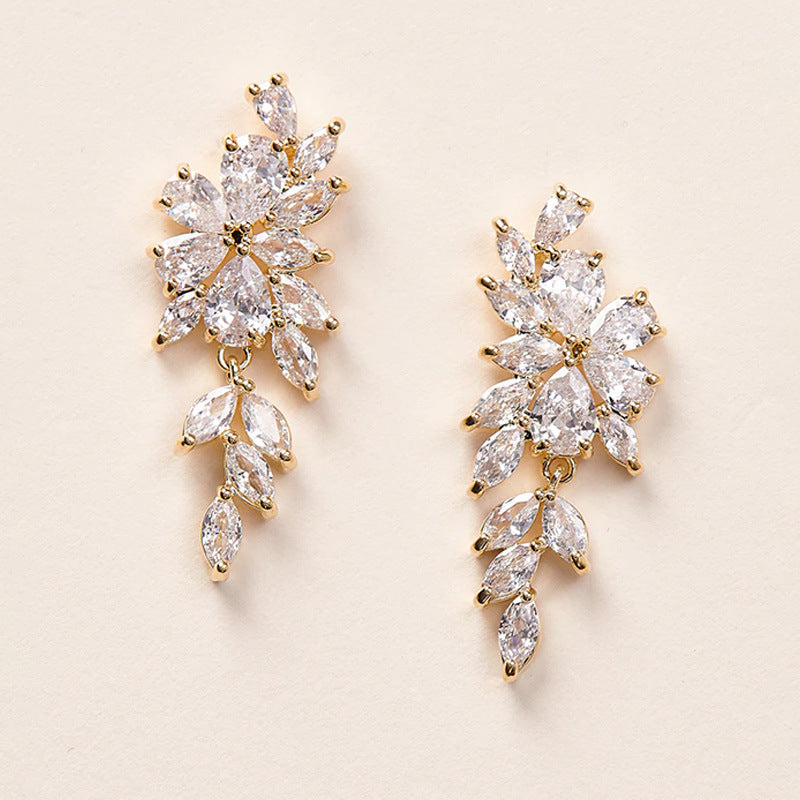Gold Leaf Earrings For Women Featuring Electroplated Crystal With Zircon Inlay
