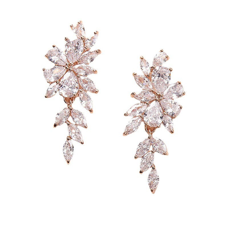 Gold Leaf Earrings For Women Featuring Electroplated Crystal With Zircon Inlay