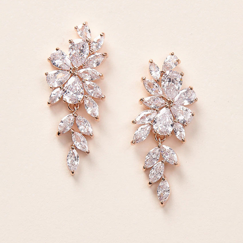 Gold Leaf Earrings For Women Featuring Electroplated Crystal With Zircon Inlay