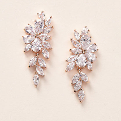 Gold Leaf Earrings For Women Featuring Electroplated Crystal With Zircon Inlay