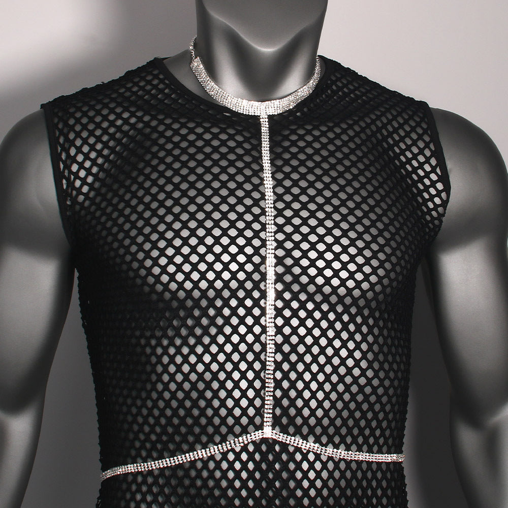 Men's Silver Alloy Body Chain With White Crystal Pattern, Electroplated Chest Accessory