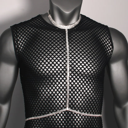 Men's Silver Alloy Body Chain With White Crystal Pattern, Electroplated Chest Accessory