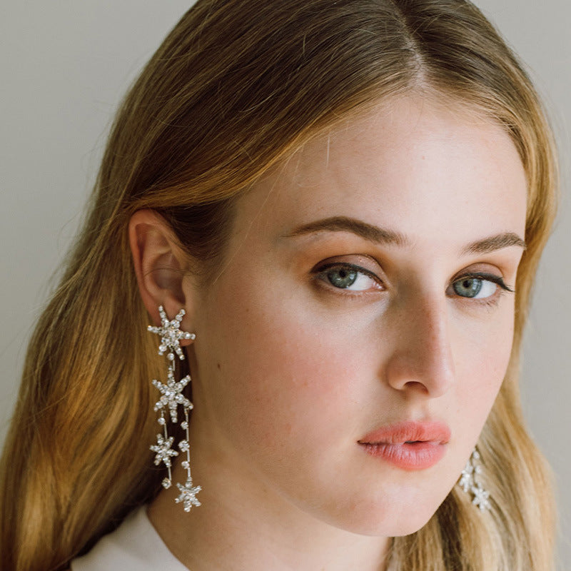 Silver Star Rhinestone Earrings For Women Featuring Sparkling Design