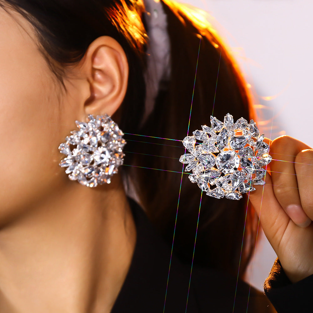 Geometric Silver Alloy Clip Earrings For Women With Rhinestone Inlay