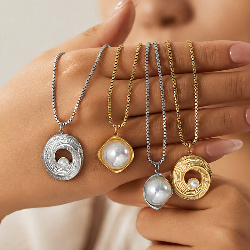 Irregular Waterproof Women's Necklace In 304 Stainless Steel With 18K Gold Plated PVD Coating And Artificial Pearl Slider Chain