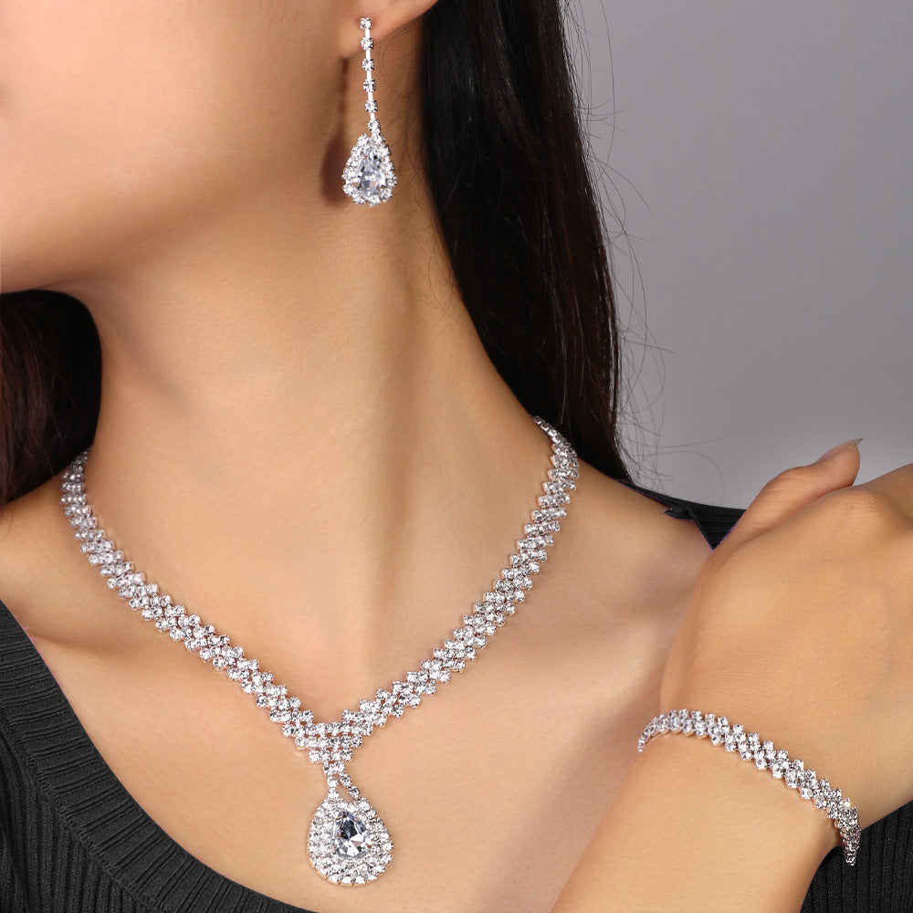 3 Pieces Set Women Jewelry Set Featuring Water Droplets Pattern With Electroplated Rhinestones