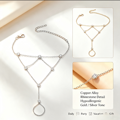 Trillion-cut Bohemian Hand Chain Bracelet For Women With Claw Setting In Silver Plated Zinc Alloy And Rhinestones