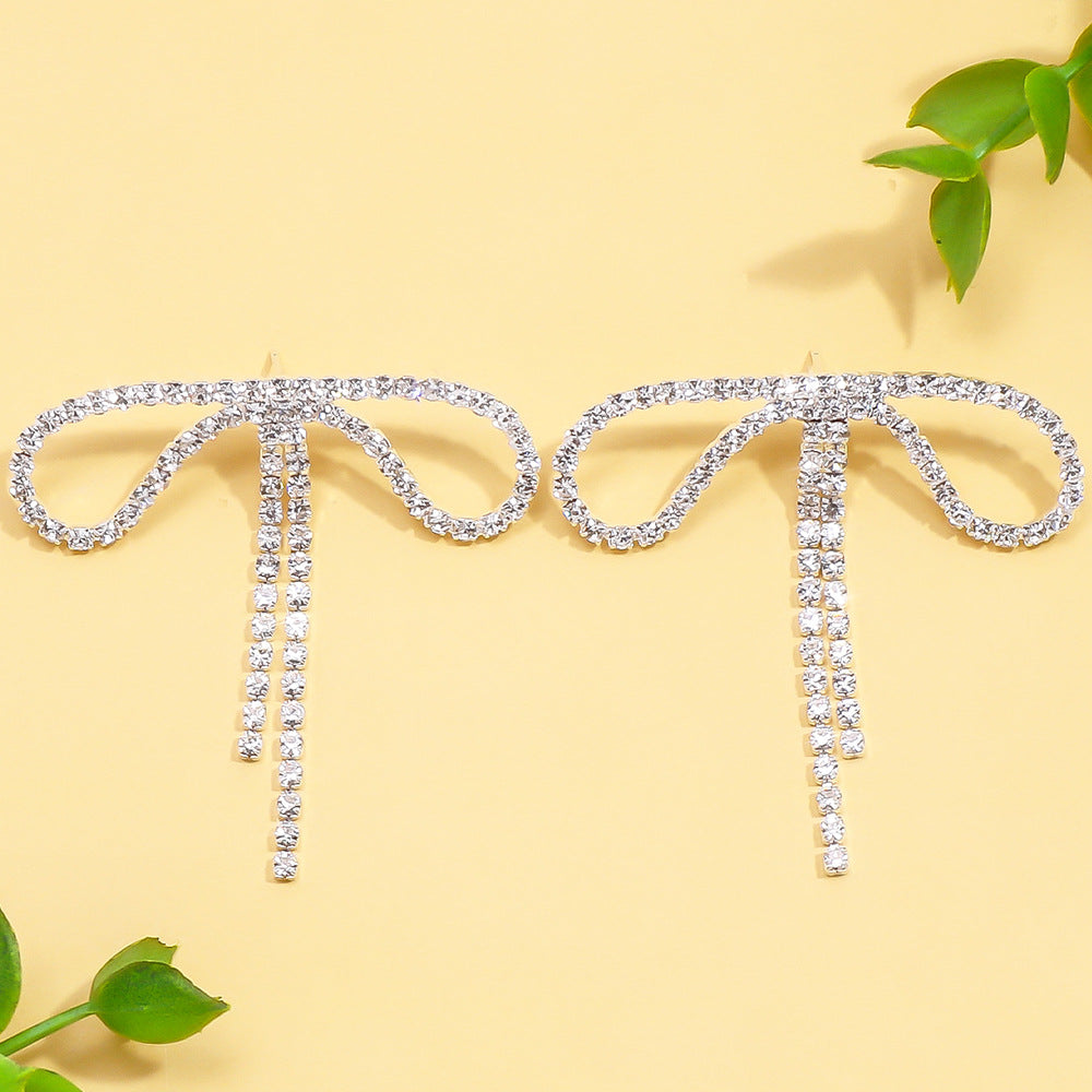 Silver Tassel Bow Tie Earrings For Women With Copper And Zircon Inlay Featuring 304 Stainless Steel Studs