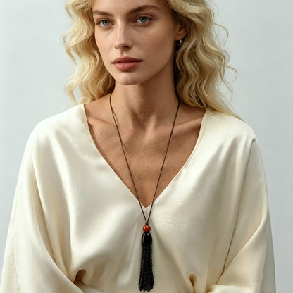 Vintage Style Unisex Long Necklace Featuring Agate And Tassel With Leather Rope Chain