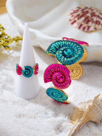 Marine Style Jewelry Set For Women Featuring Conch Pattern With KC Golden Plated Alloy And Enamel Craftsmanship, 0.03µm Thickness