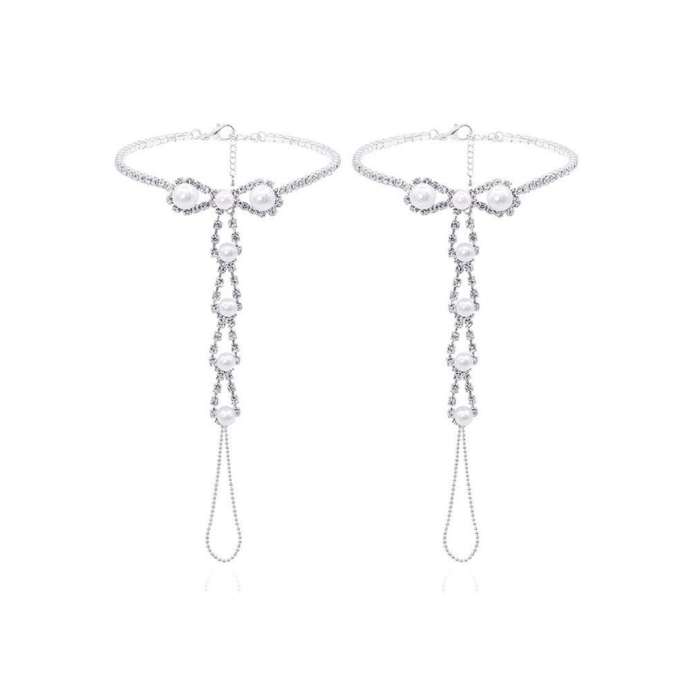 Silver Alloy Women's Anklet Featuring Pearl Pattern And Rhinestone Inlay, Perfect For Beach Wear