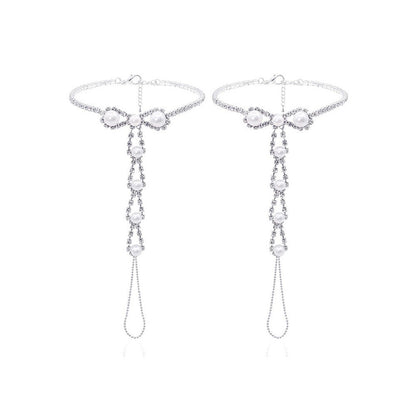 Silver Alloy Women's Anklet Featuring Pearl Pattern And Rhinestone Inlay, Perfect For Beach Wear