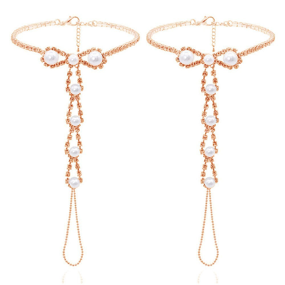 Silver Alloy Women's Anklet Featuring Pearl Pattern And Rhinestone Inlay, Perfect For Beach Wear