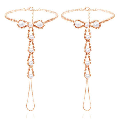 Silver Alloy Women's Anklet Featuring Pearl Pattern And Rhinestone Inlay, Perfect For Beach Wear