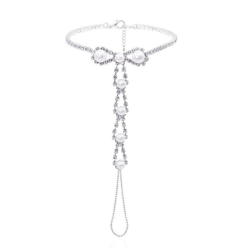 Silver Alloy Women's Anklet Featuring Pearl Pattern And Rhinestone Inlay, Perfect For Beach Wear