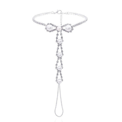 Silver Alloy Women's Anklet Featuring Pearl Pattern And Rhinestone Inlay, Perfect For Beach Wear