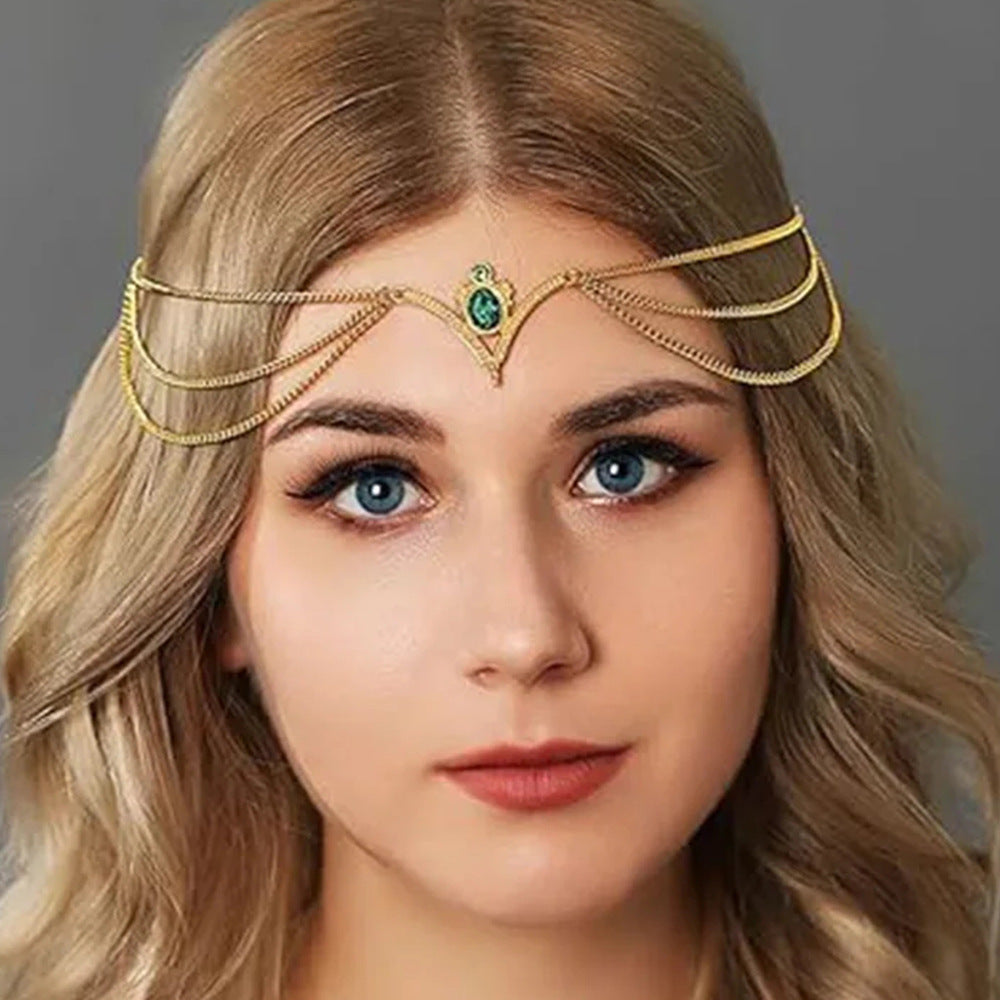 V Shape Hair Chain For Women In Ethnic Style Featuring Rhinestones And Gold Color