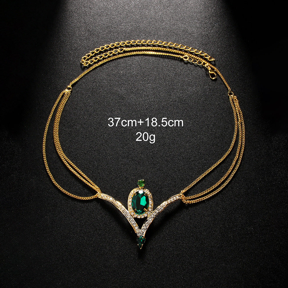 V Shape Hair Chain For Women In Ethnic Style Featuring Rhinestones And Gold Color