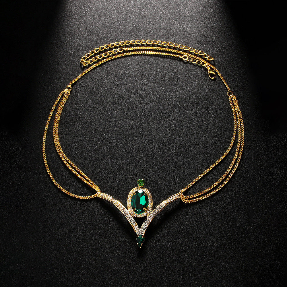 V Shape Hair Chain For Women In Ethnic Style Featuring Rhinestones And Gold Color
