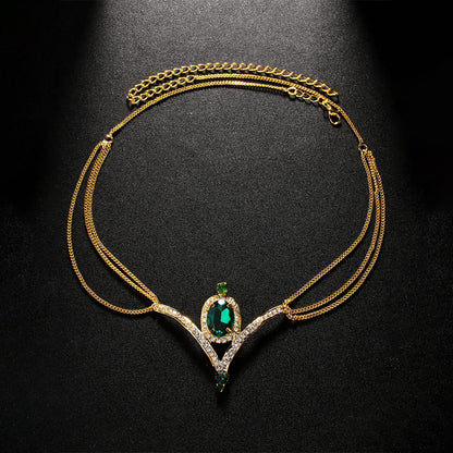 V Shape Hair Chain For Women In Ethnic Style Featuring Rhinestones And Gold Color