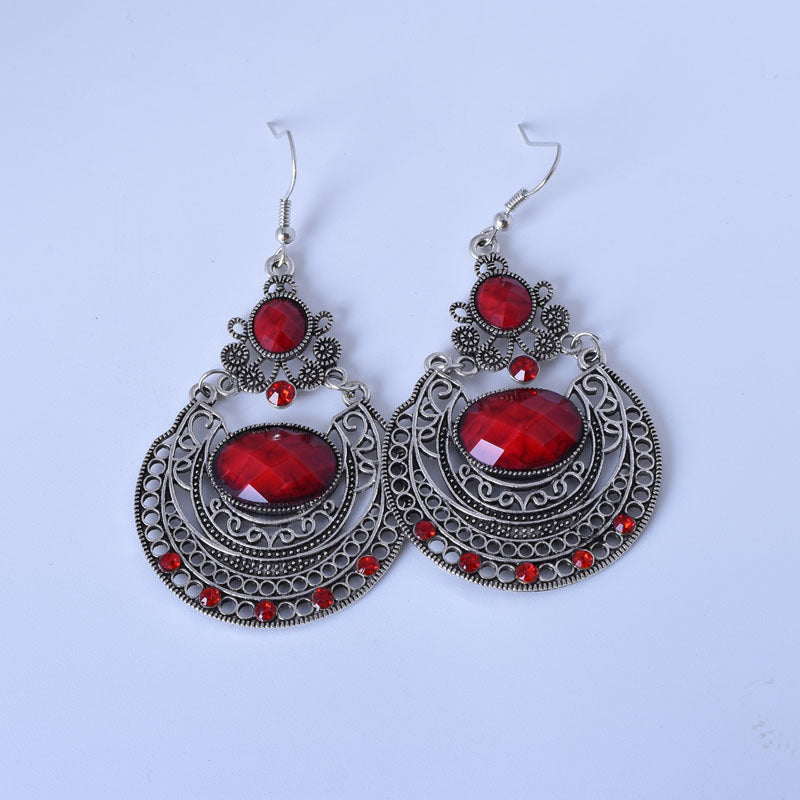 Bohemian Red Alloy Earrings With Gem Inlay Featuring Electroplated Carving Craft