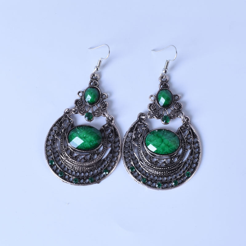 Bohemian Red Alloy Earrings With Gem Inlay Featuring Electroplated Carving Craft