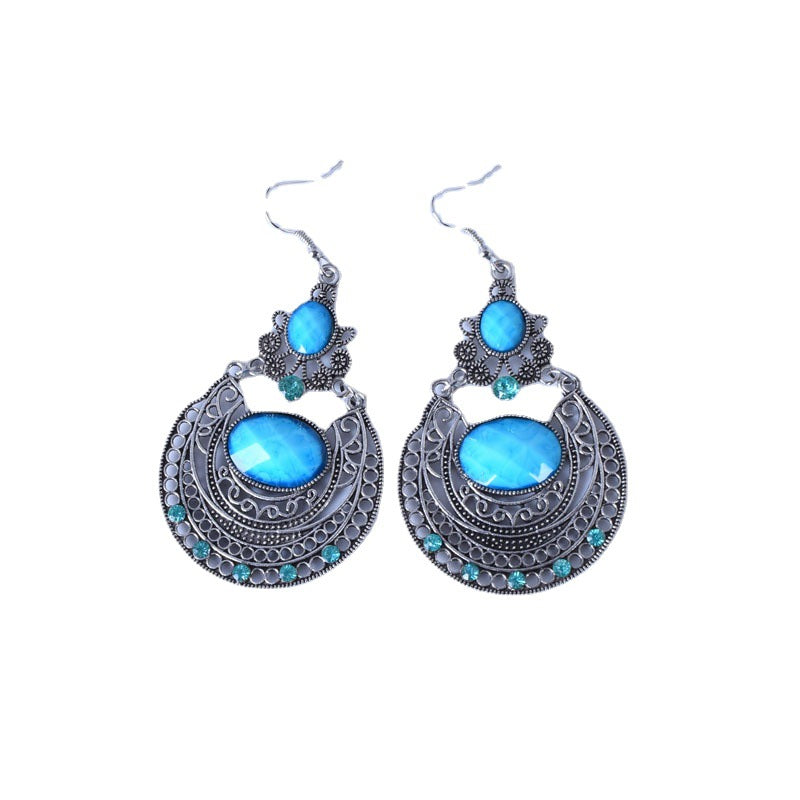 Bohemian Red Alloy Earrings With Gem Inlay Featuring Electroplated Carving Craft