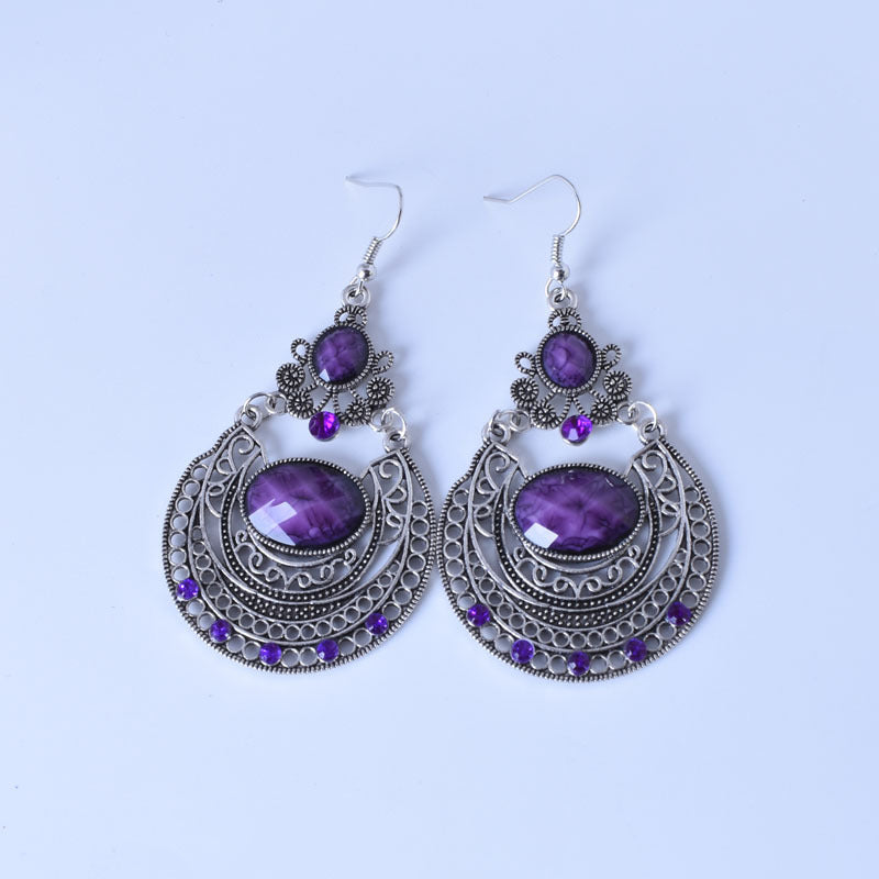 Bohemian Red Alloy Earrings With Gem Inlay Featuring Electroplated Carving Craft