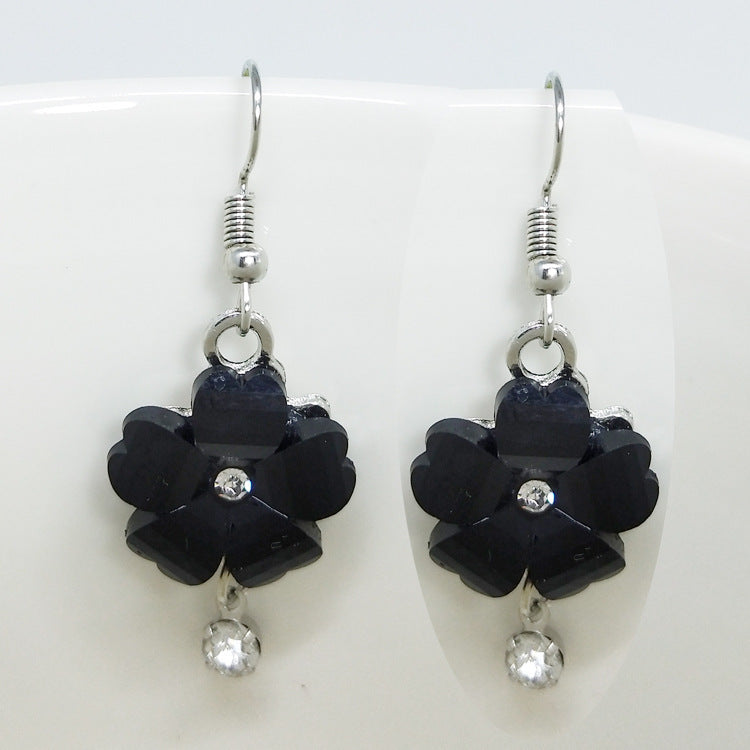 Sweet Dyed Black Flowers Drop Earrings For Women, Electroplated Alloy With Acrylic Inlay