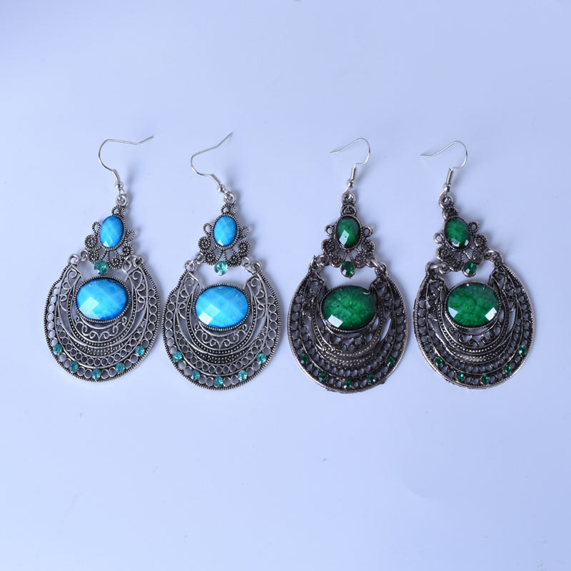 Bohemian Red Alloy Earrings With Gem Inlay Featuring Electroplated Carving Craft