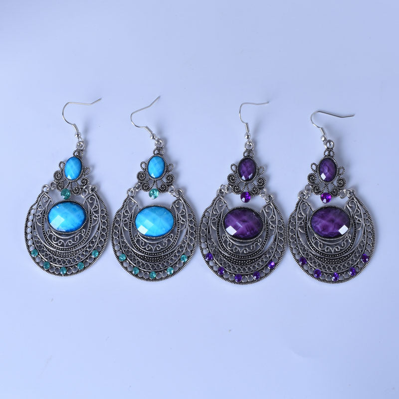 Bohemian Red Alloy Earrings With Gem Inlay Featuring Electroplated Carving Craft