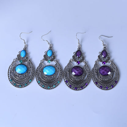 Bohemian Red Alloy Earrings With Gem Inlay Featuring Electroplated Carving Craft