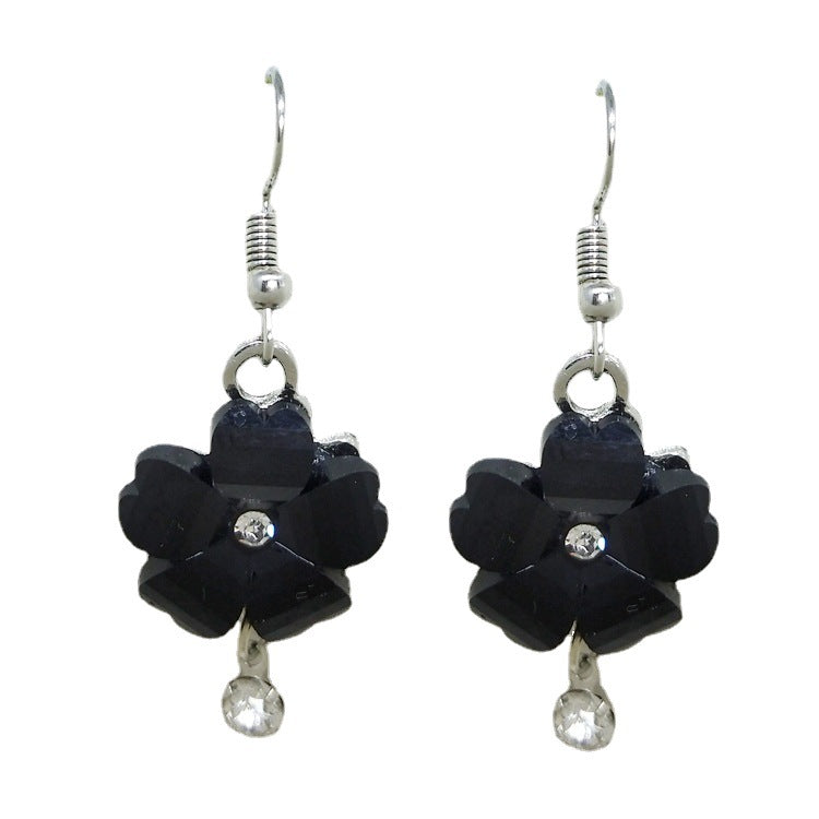 Sweet Dyed Black Flowers Drop Earrings For Women, Electroplated Alloy With Acrylic Inlay