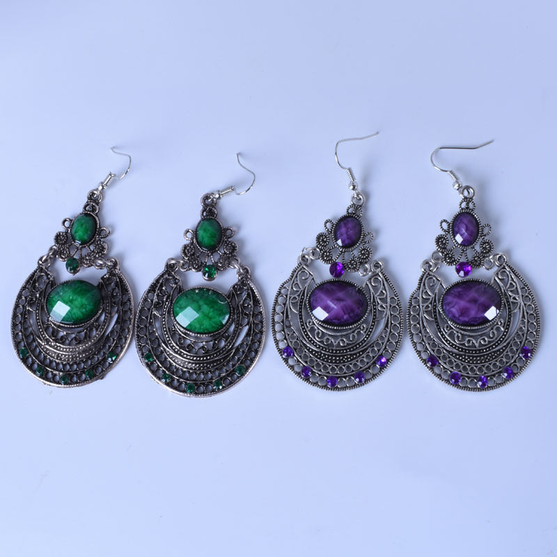 Bohemian Red Alloy Earrings With Gem Inlay Featuring Electroplated Carving Craft