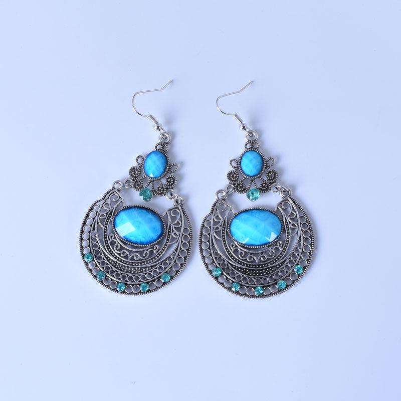 Bohemian Red Alloy Earrings With Gem Inlay Featuring Electroplated Carving Craft