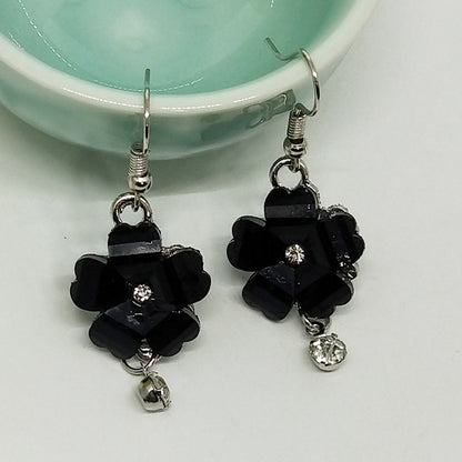 Sweet Dyed Black Flowers Drop Earrings For Women, Electroplated Alloy With Acrylic Inlay