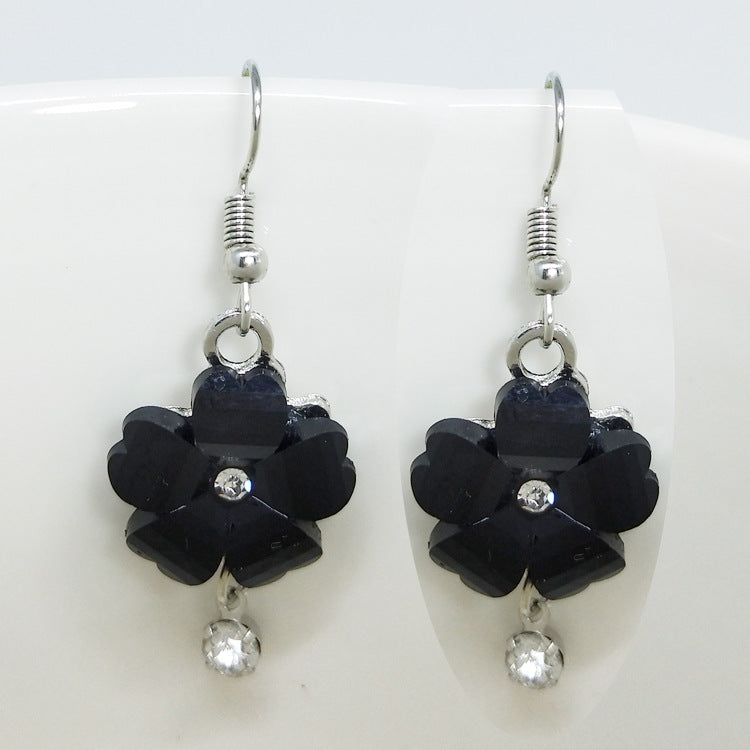 Sweet Dyed Black Flowers Drop Earrings For Women, Electroplated Alloy With Acrylic Inlay