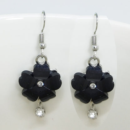 Sweet Dyed Black Flowers Drop Earrings For Women, Electroplated Alloy With Acrylic Inlay