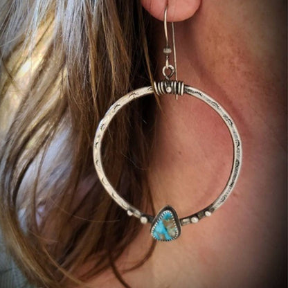 Retro Circle Hoop Earrings For Women In Antique Silver Plated Alloy With Turquoise Inlay